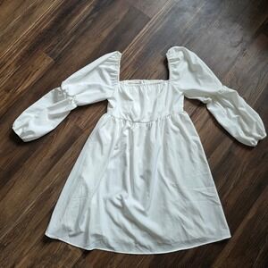 Smocked White Puff Sleeve Babydoll Small Mini Dress Coquette Indie boho Cottage